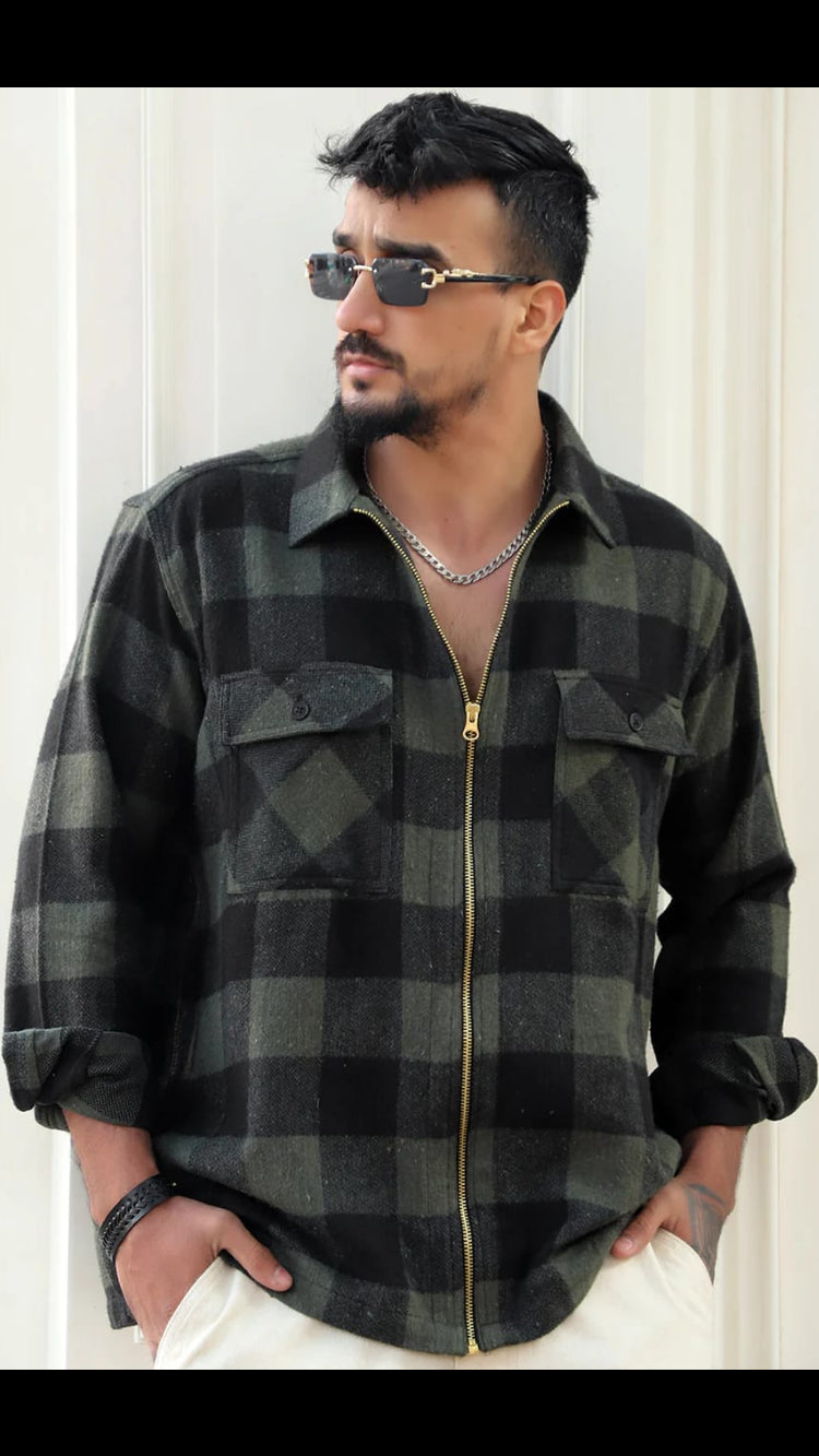 Men’s Olive Green & Black Buffalo Plaid Zip-Front Flannel Shirt
