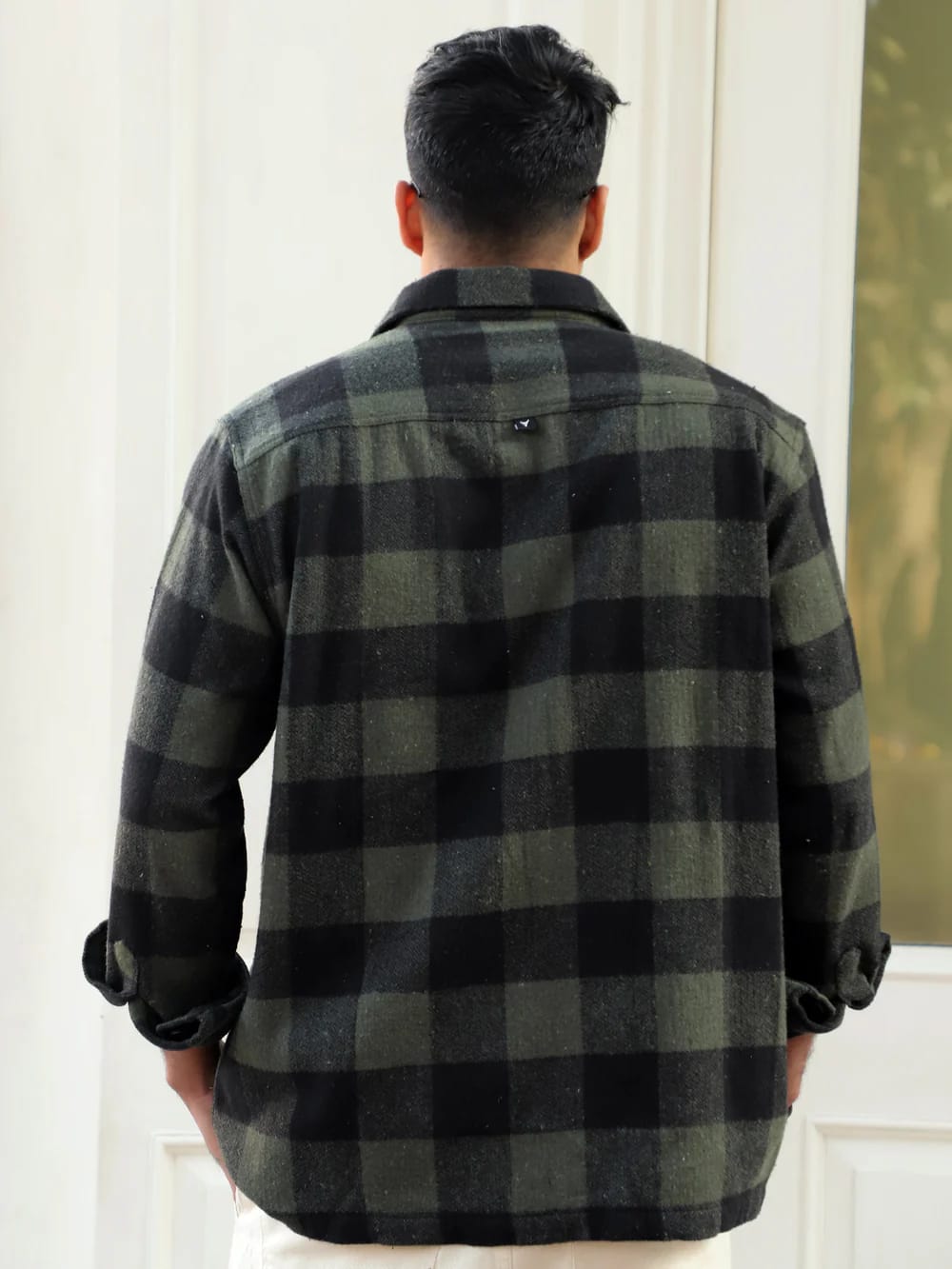 Men’s Olive Green & Black Buffalo Plaid Zip-Front Flannel Shirt