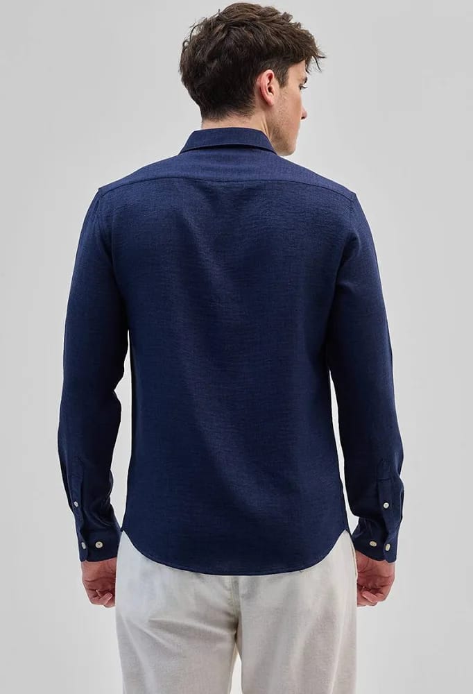 Men’s Navy Blue Pure Linen Blend Solid Long Sleeve Casual Shirt