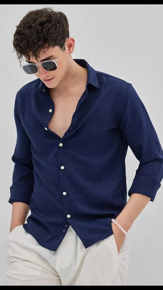 Men’s Navy Blue Pure Linen Blend Solid Long Sleeve Casual Shirt