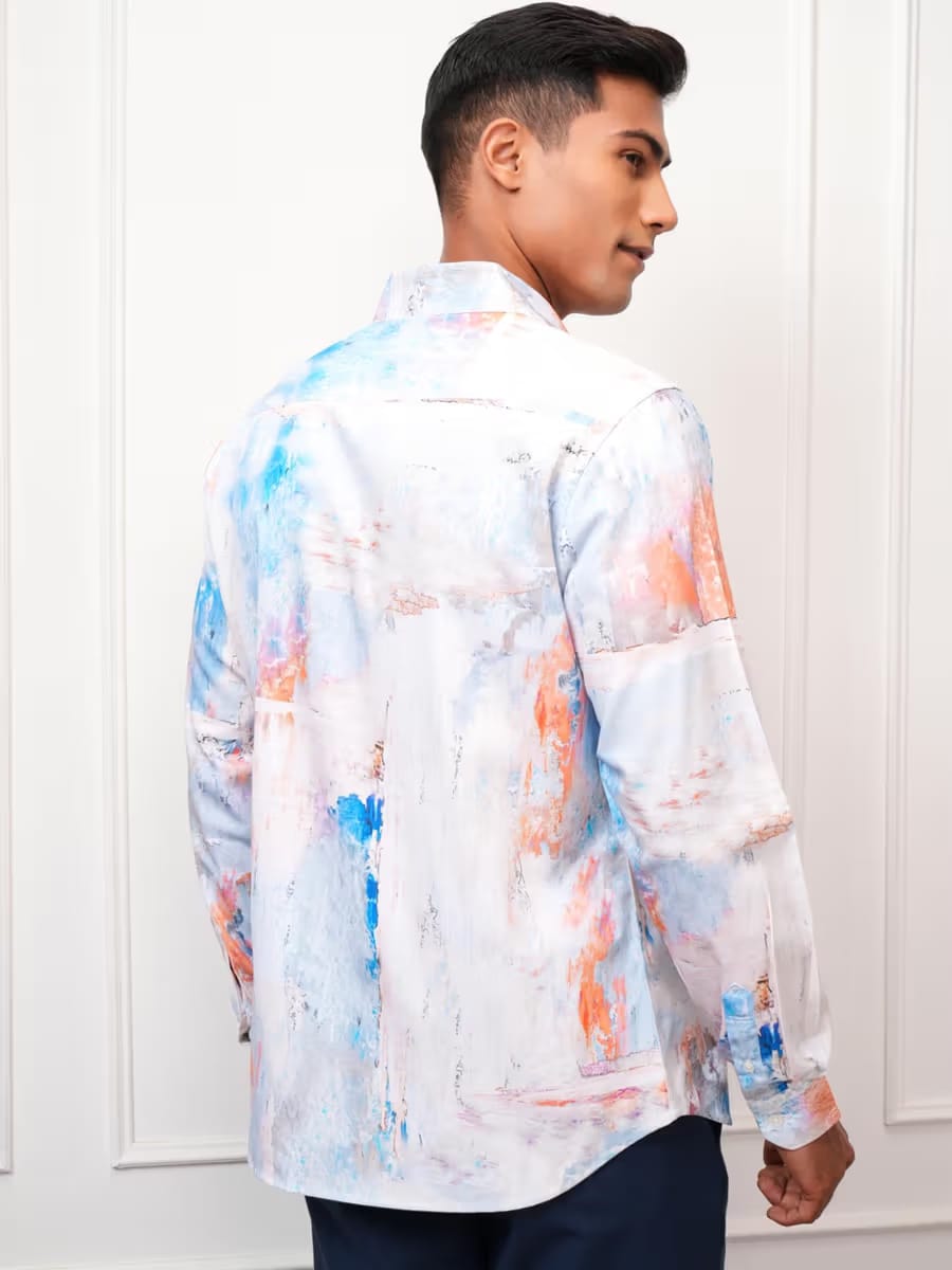 Men’s White Multicolor Abstract Watercolor Print Long Sleeve Casual Shirt