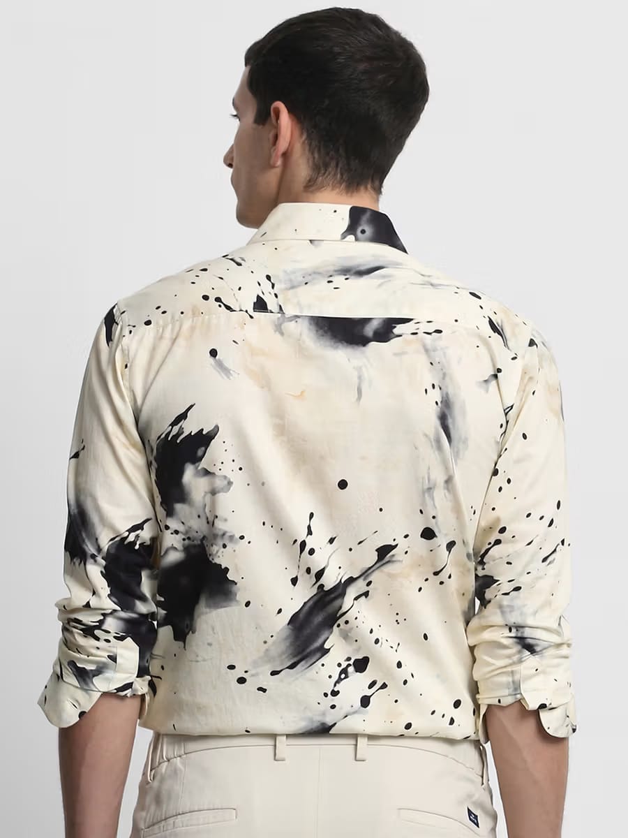 Men’s Cream & Black Paint Splatter Abstract Printed Long Sleeve Shirt