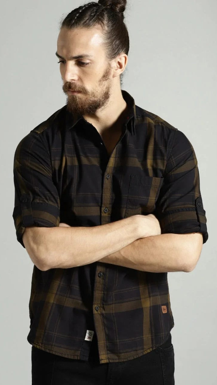Men’s Dark Olive Green & Black Plaid Checked Roll-Up Sleeve Casual Shirt