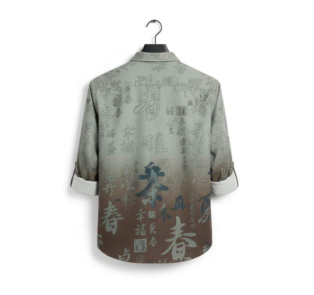 Men’s Sage Green & Brown Ombré Japanese Calligraphy Graphic Printed Roll-Up Sleeve Casual Shirt