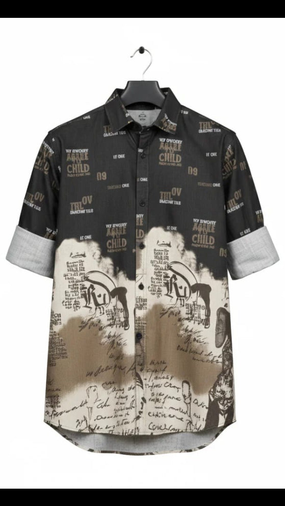 Men’s Black & Beige Abstract Typography Splatter Graphic Print Roll-Up Sleeve Casual Shirt