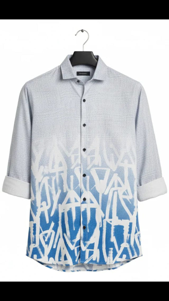 Men’s Light Grey & Electric Blue Ombré Graffiti Print Long Sleeve Casual Shirt