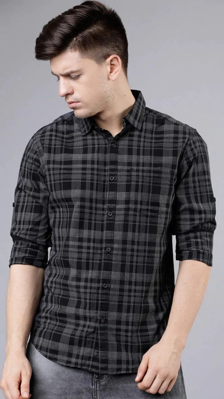 Men’s Charcoal Grey & Black Plaid Checked Roll-Up Sleeve Casual Shirt
