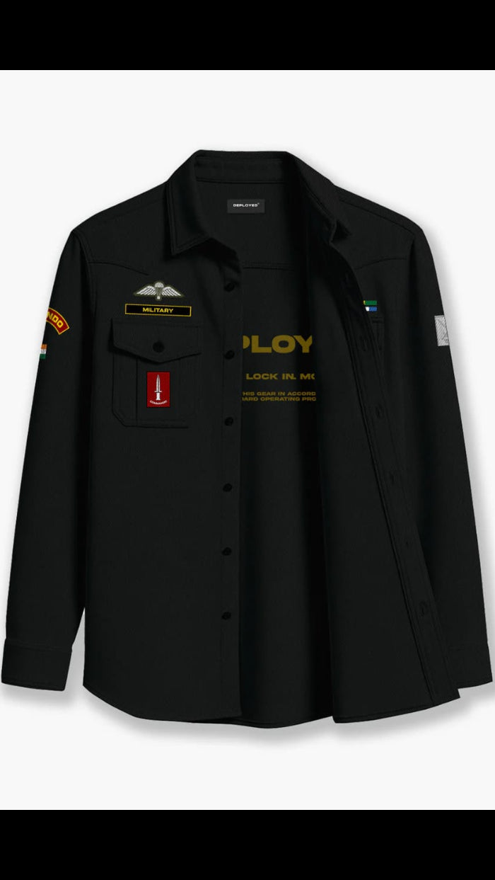 Men’s Black Tactical Military Commando Embroidered Patch Full Sleeve Overshirt