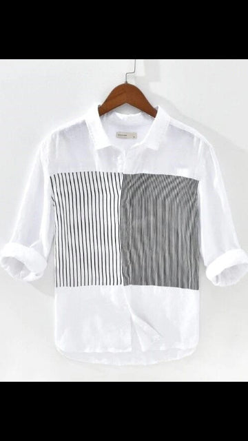 Men’s White & Black Dual-Striped Block Panel Casual Shirt