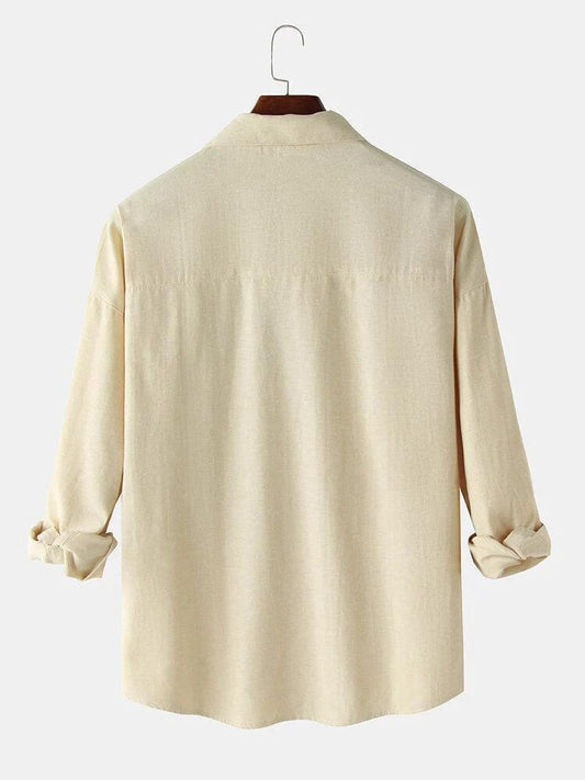 Men’s Beige Linen-Look Shirt with Black Cat & Butterfly Chest Graphic