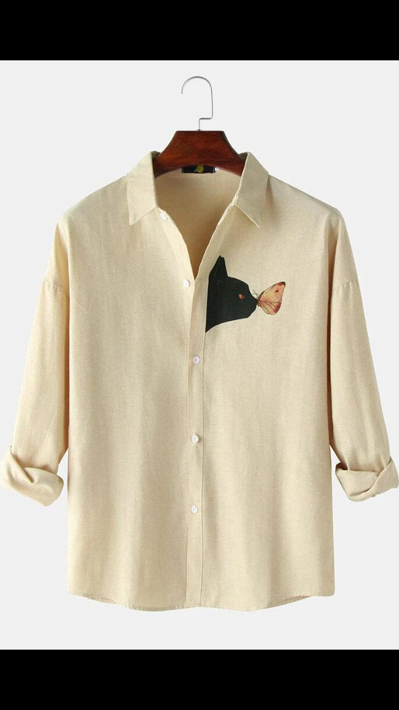 Men’s Beige Linen-Look Shirt with Black Cat & Butterfly Chest Graphic
