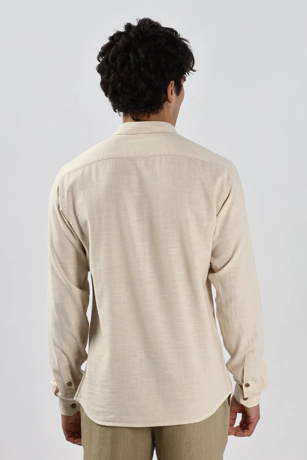 Men’s Off-White Linen Blend Shirt with Palm Tree Embroidery & Floral Accent Trim