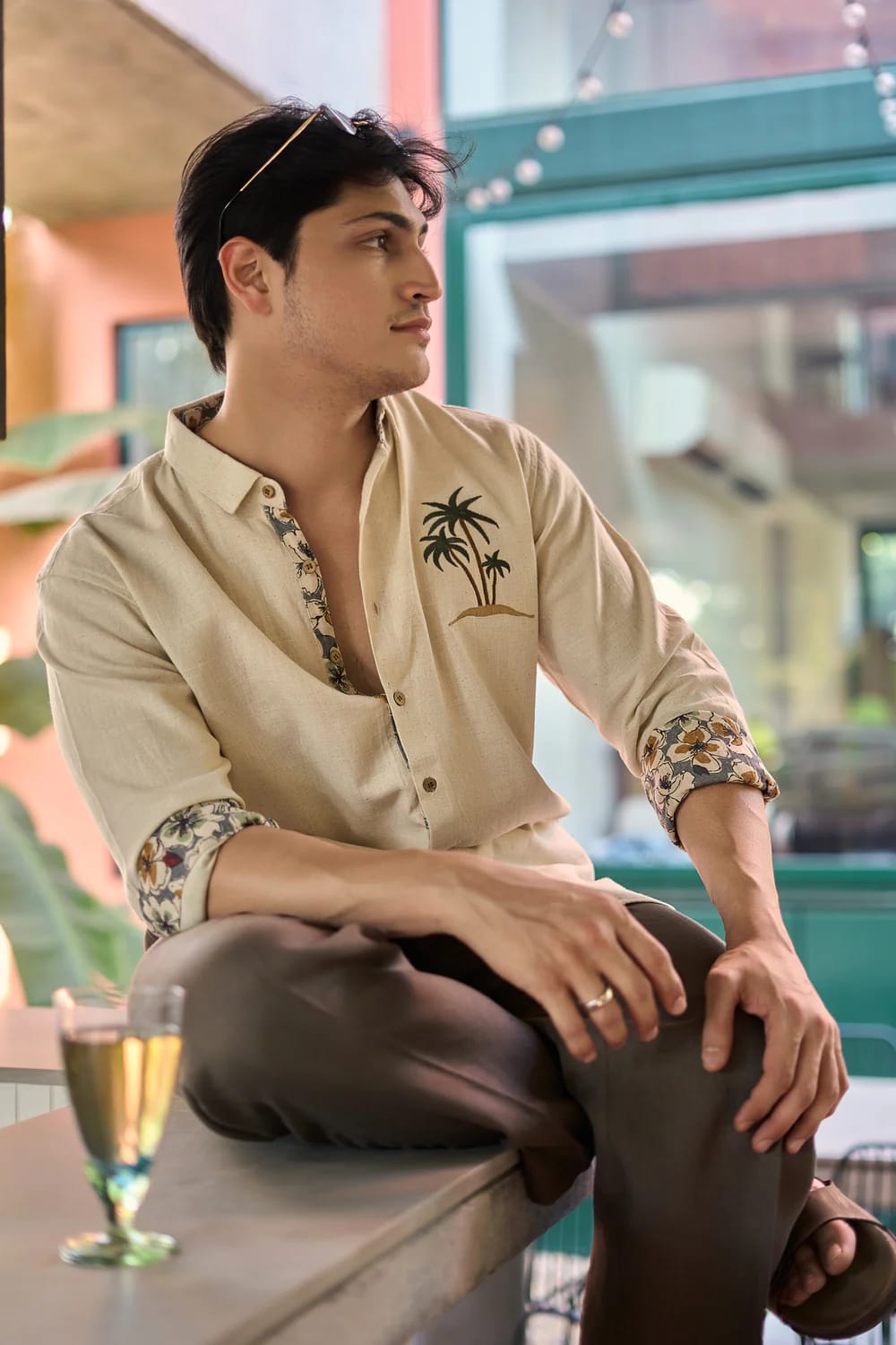 Men’s Off-White Linen Blend Shirt with Palm Tree Embroidery & Floral Accent Trim