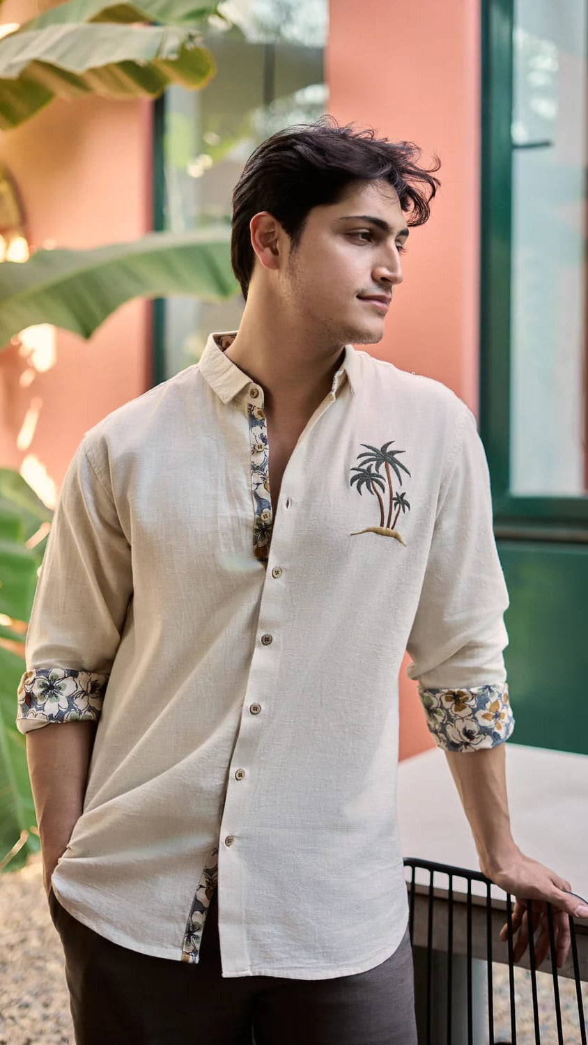 Men’s Off-White Linen Blend Shirt with Palm Tree Embroidery & Floral Accent Trim