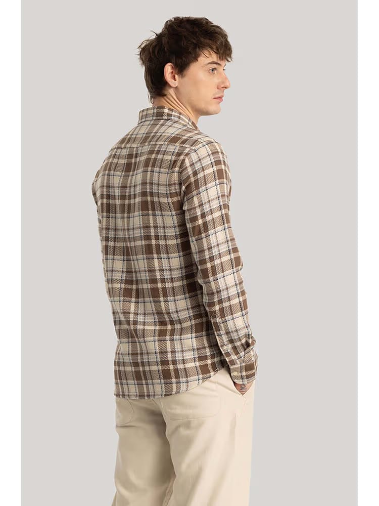 Men’s Brown & Cream Plaid Checked Linen Blend Long Sleeve Casual Shirt