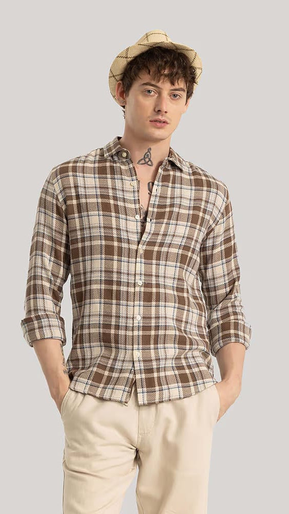 Men’s Brown & Cream Plaid Checked Linen Blend Long Sleeve Casual Shirt