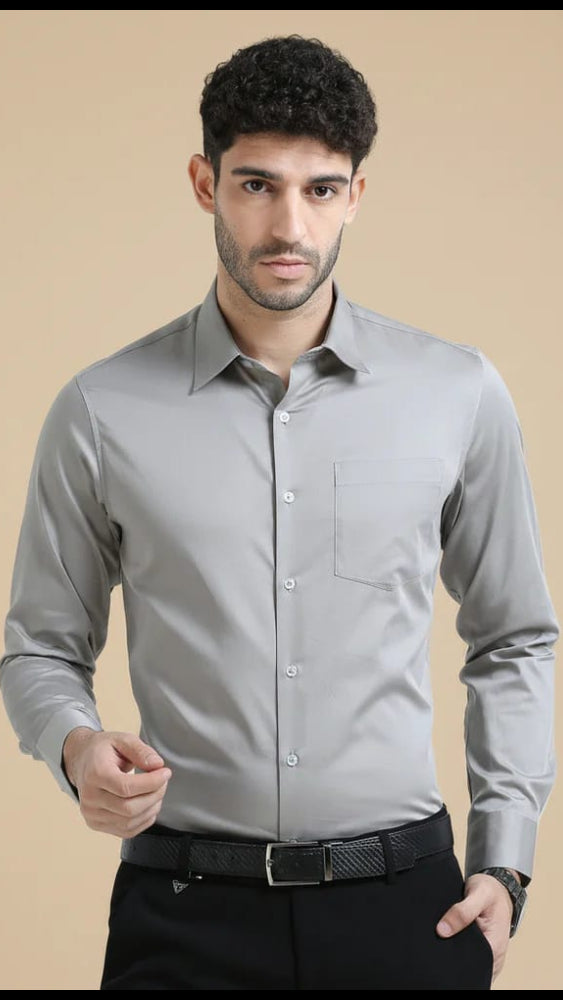 Men’s Solid Grey Satin-Finish Long Sleeve Formal Shirt with Chest Pocket
