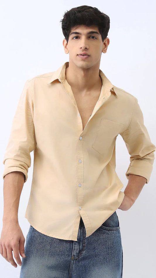 Men’s Beige Solid Cotton Long Sleeve Casual Shirt