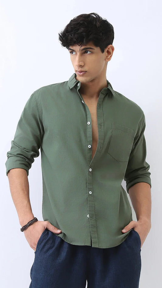 Men’s Beige Solid Cotton Long Sleeve Casual Shirt