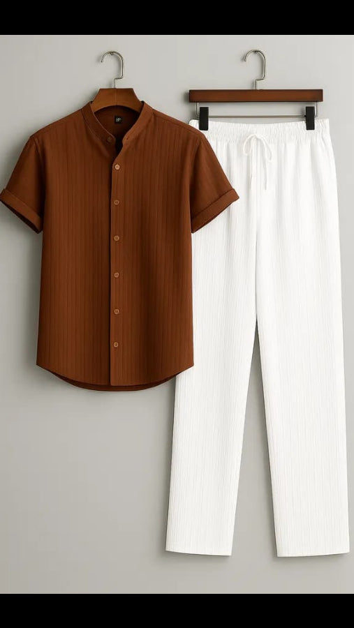 Men’s 2-Piece Resort Set: Light Blue Short Sleeve Mandarin Collar Shirt & White Textured Trousers