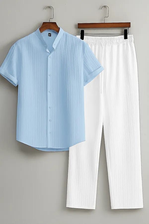 Men’s 2-Piece Resort Set: Light Blue Short Sleeve Mandarin Collar Shirt & White Textured Trousers