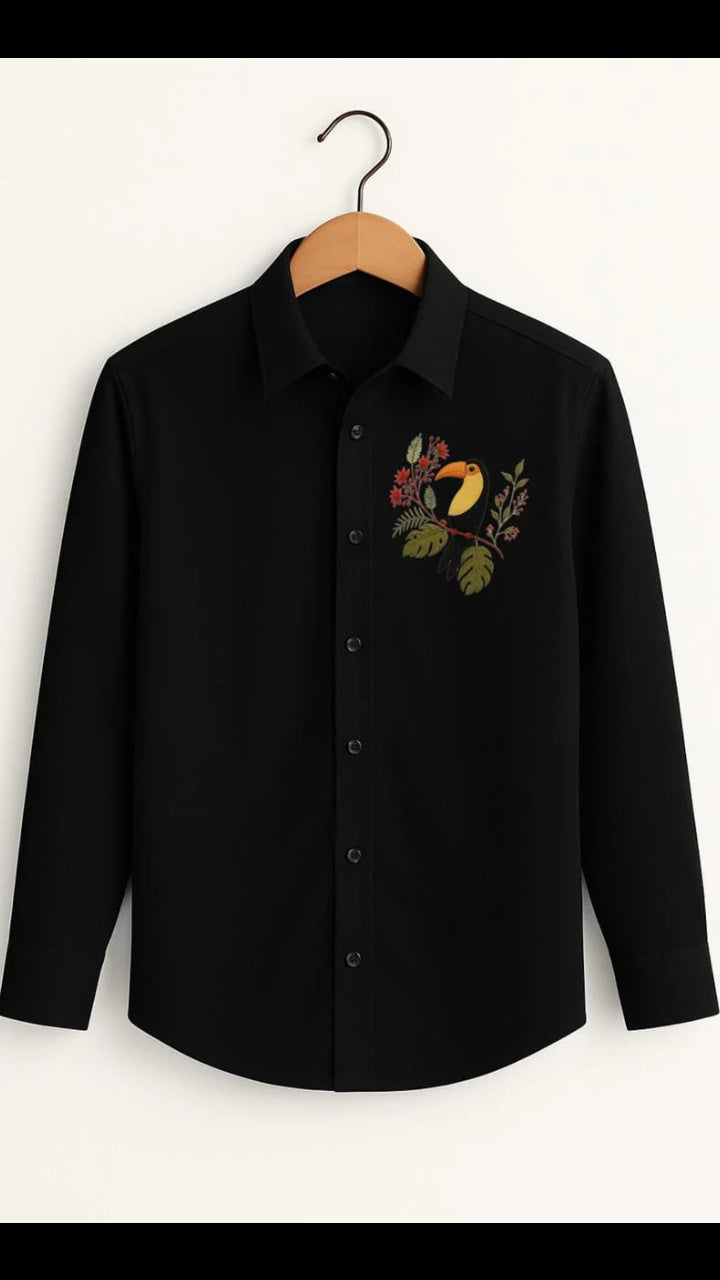 Men’s Solid Black Long Sleeve Casual Shirt with Tropical Toucan Chest Motif