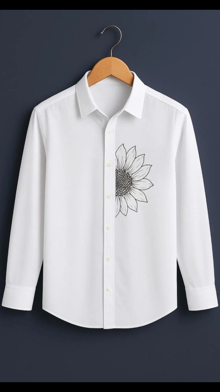 Men’s Crisp White Long Sleeve Casual Shirt with Half-Sunflower Line Art Motif