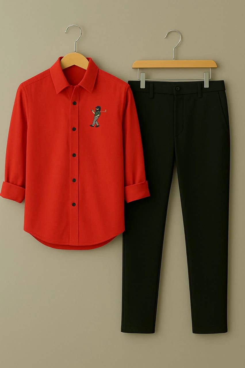 Men’s Smart-Casual Outfit Embroidered Long Sleeve Shirt & Trousers