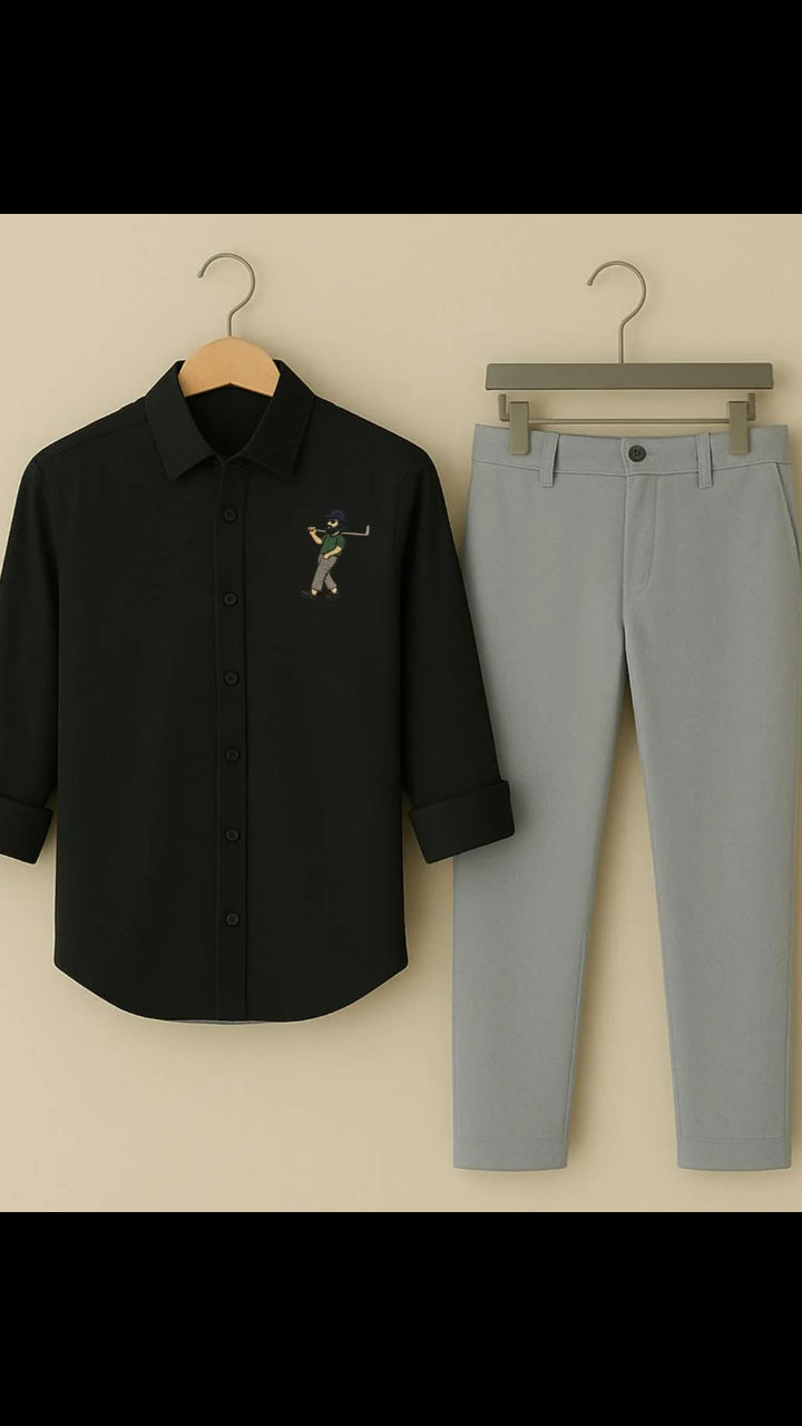 Men’s Smart-Casual Outfit Embroidered Long Sleeve Shirt & Trousers