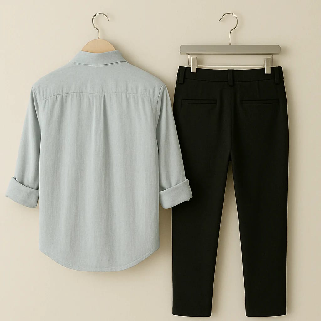 Men’s 2-Piece Smart-Casual Outfit: Embroidered Long Sleeve Shirt & Black Trousers