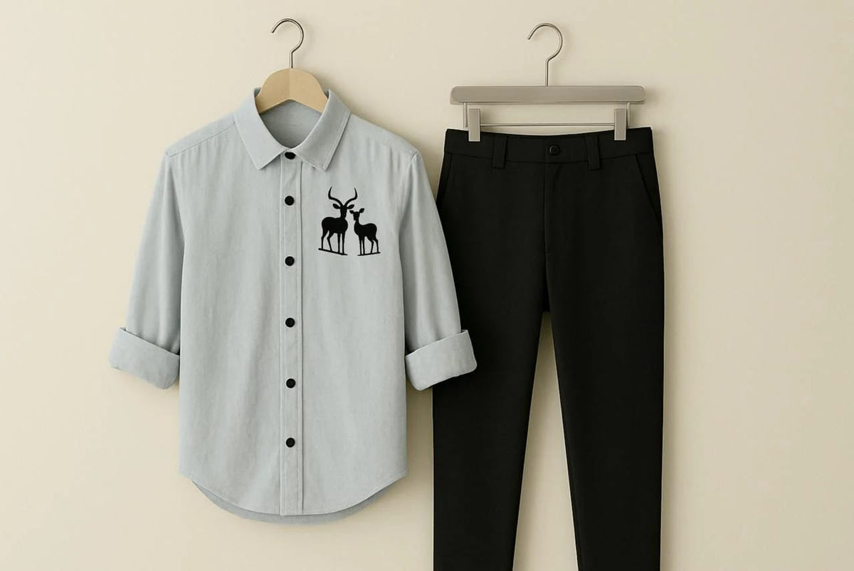 Men’s 2-Piece Smart-Casual Outfit: Embroidered Long Sleeve Shirt & Black Trousers