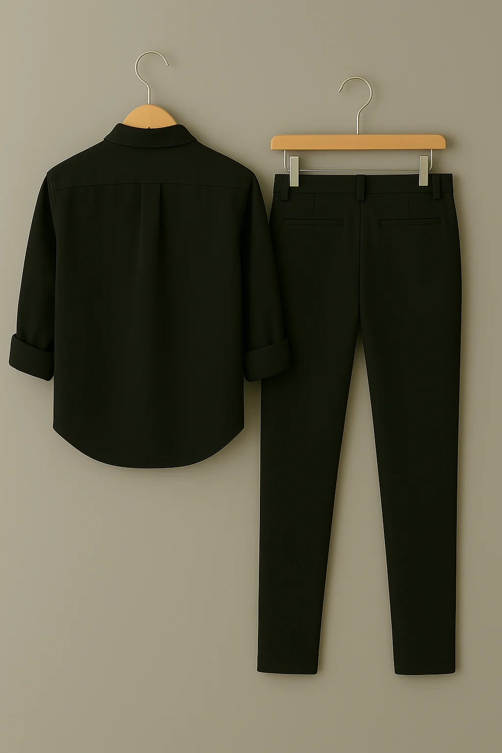 Men’s 2-Piece Smart-Casual Outfit: Embroidered Long Sleeve Shirt & Black Trousers
