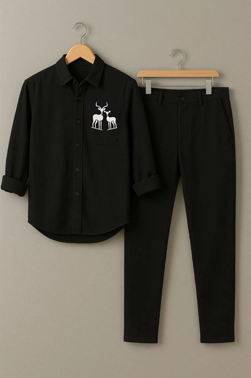 Men’s 2-Piece Smart-Casual Outfit: Embroidered Long Sleeve Shirt & Black Trousers
