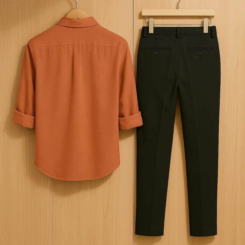 Men’s 2-Piece Smart-Casual Outfit: Embroidered Long Sleeve Shirt & Black Trousers