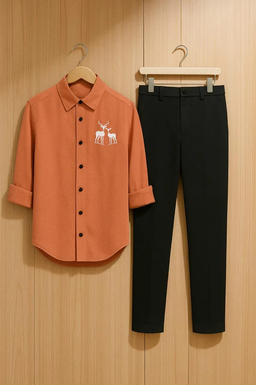 Men’s 2-Piece Smart-Casual Outfit: Embroidered Long Sleeve Shirt & Black Trousers