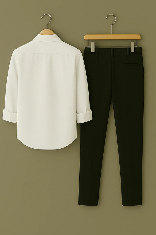 Men’s 2-Piece Smart-Casual Outfit: Embroidered Long Sleeve Shirt & Black Trousers