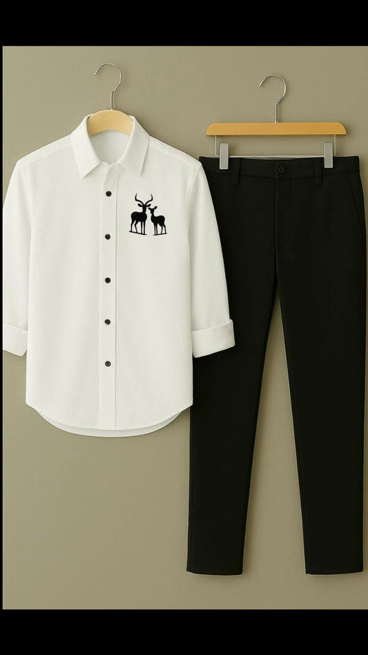 Men’s 2-Piece Smart-Casual Outfit: Embroidered Long Sleeve Shirt & Black Trousers