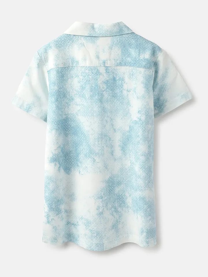 United Colors of Benetton Men’s Light Blue Scenic Graphic Printed Cuban Collar Short Sleeve Shirt