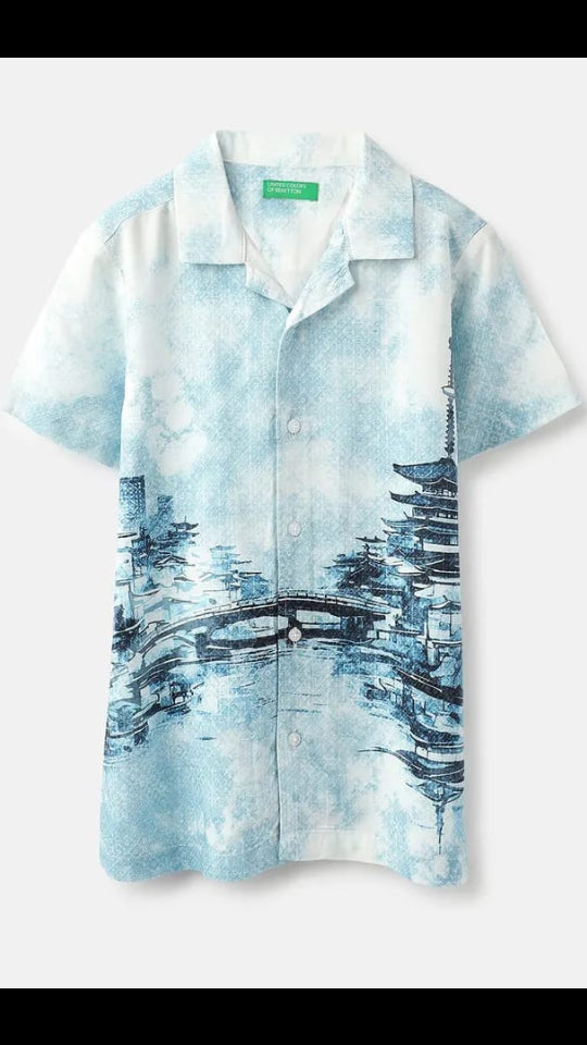 United Colors of Benetton Men’s Light Blue Scenic Graphic Printed Cuban Collar Short Sleeve Shirt