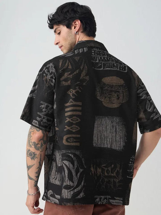 Men’s Black Abstract Patchwork & Sanskrit Script Print Cuban Collar Short Sleeve Shirt