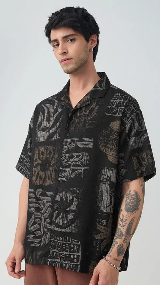 Men’s Black Abstract Patchwork & Sanskrit Script Print Cuban Collar Short Sleeve Shirt