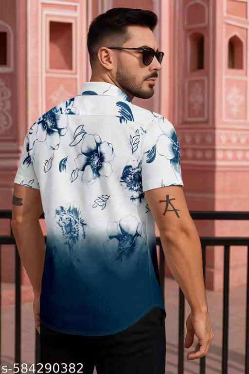 Men’s White & Ocean Blue Floral Ombre Gradient Short Sleeve Casual Shirt