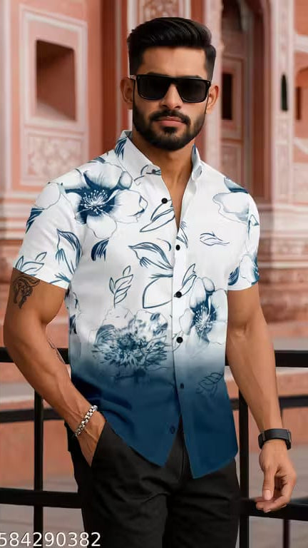 Men’s White & Ocean Blue Floral Ombre Gradient Short Sleeve Casual Shirt
