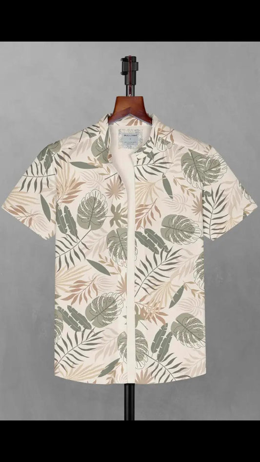 Men’s Beige & Olive Tropical Monstera Leaf Print Cuban Collar Short Sleeve Hawaiian Shirt