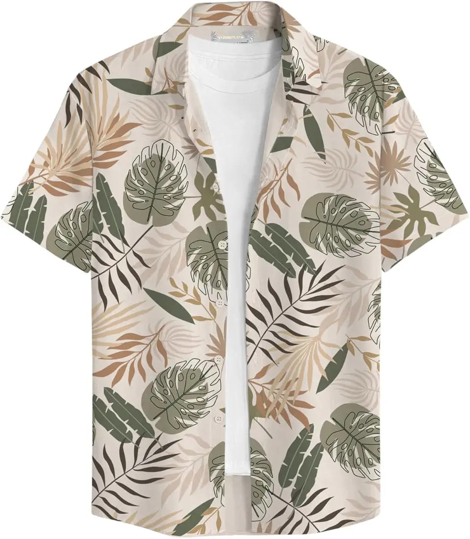 Men’s Beige & Olive Tropical Monstera Leaf Print Cuban Collar Short Sleeve Hawaiian Shirt