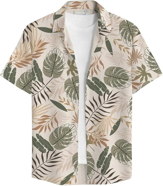 Men’s Beige & Olive Tropical Monstera Leaf Print Cuban Collar Short Sleeve Hawaiian Shirt