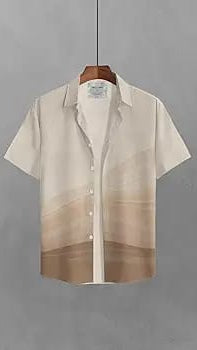 Men’s Off-White & Beige Landscape Gradient Watercolor Print Cuban Collar Short Sleeve Shirt