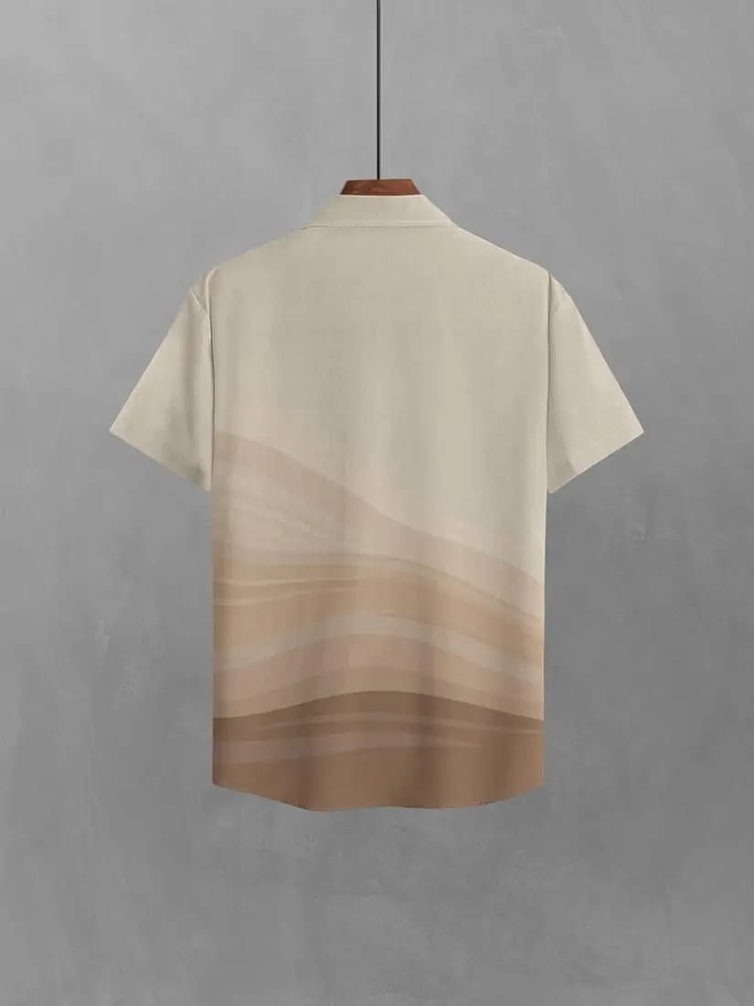Men’s Off-White & Beige Landscape Gradient Watercolor Print Cuban Collar Short Sleeve Shirt