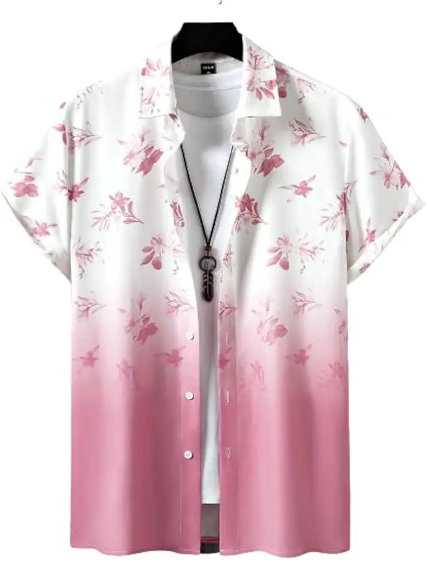 Men’s White & Dusty Pink Floral Ombre Gradient Cuban Collar Short Sleeve Shirt