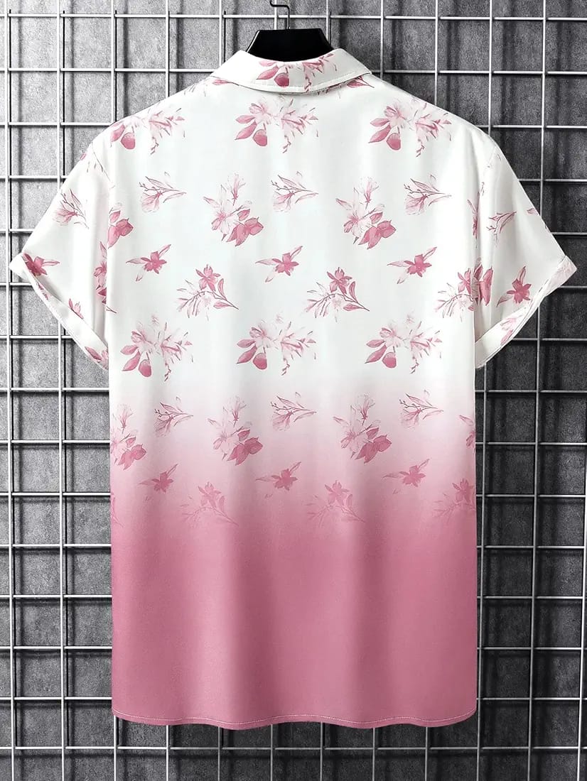Men’s White & Dusty Pink Floral Ombre Gradient Cuban Collar Short Sleeve Shirt